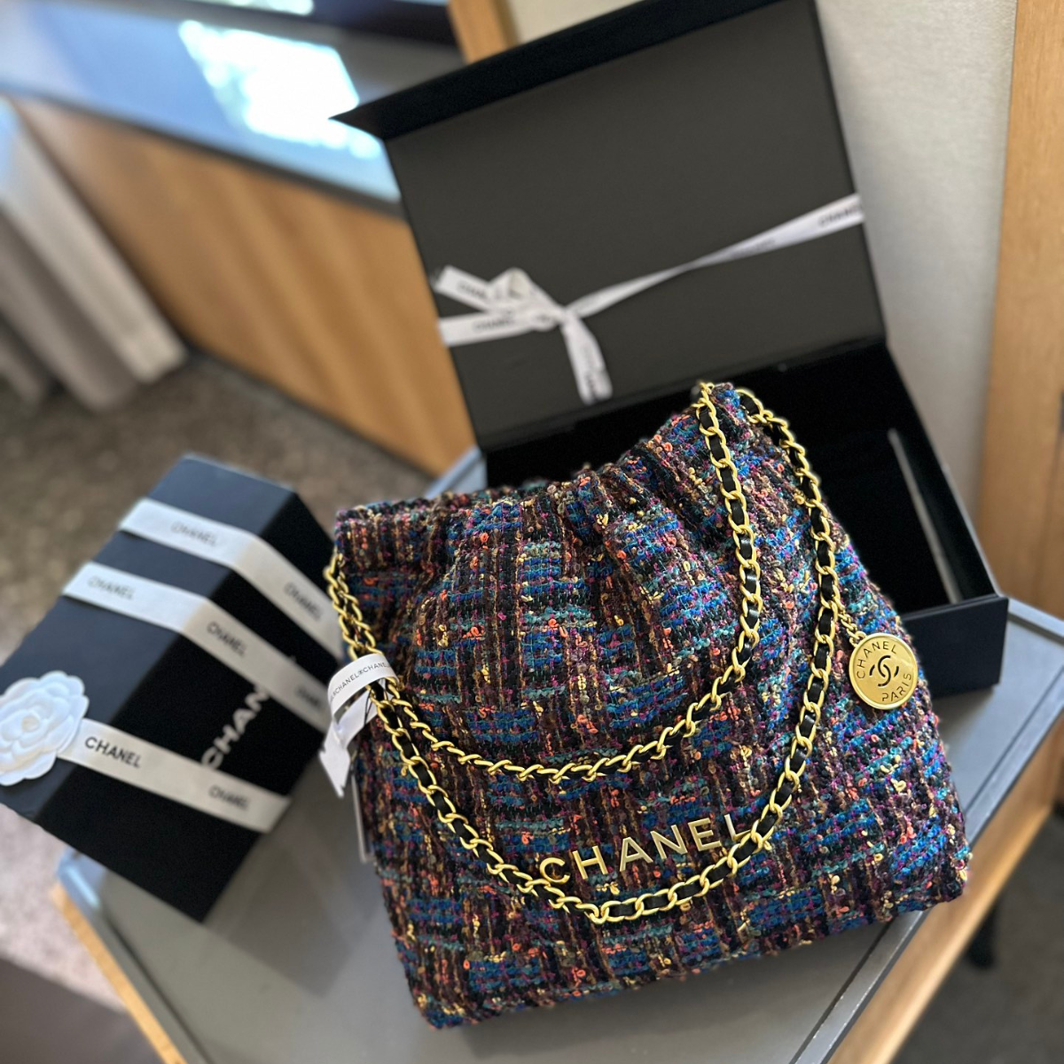 Chanel Gold Coin Wool Bag