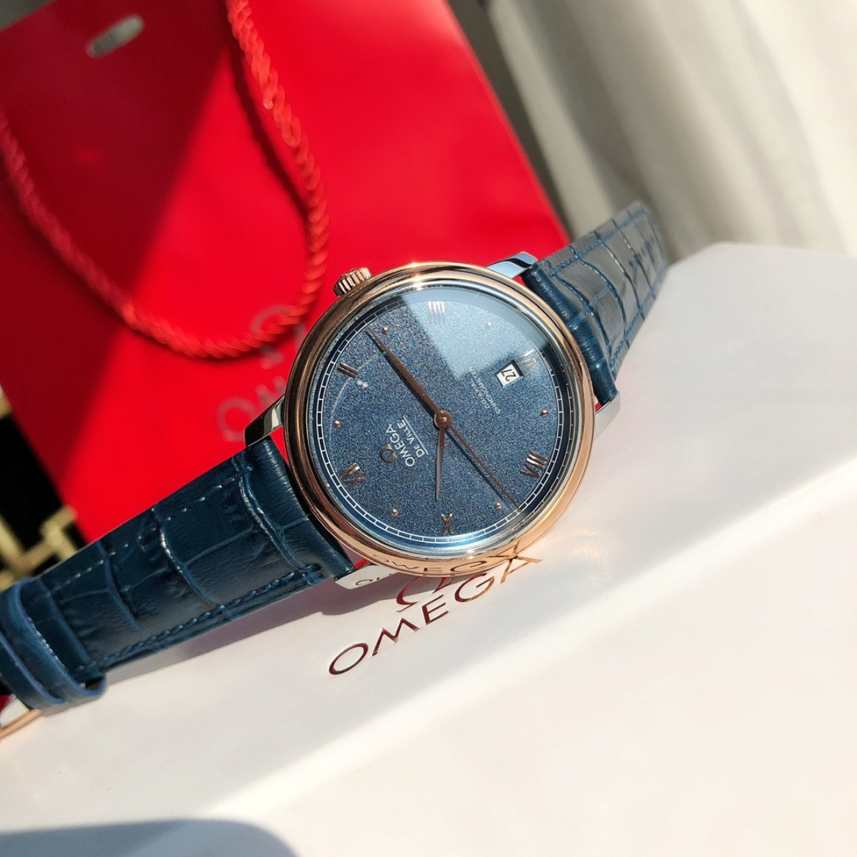 Omega De Ville Rose Gold Blue Dial Watch