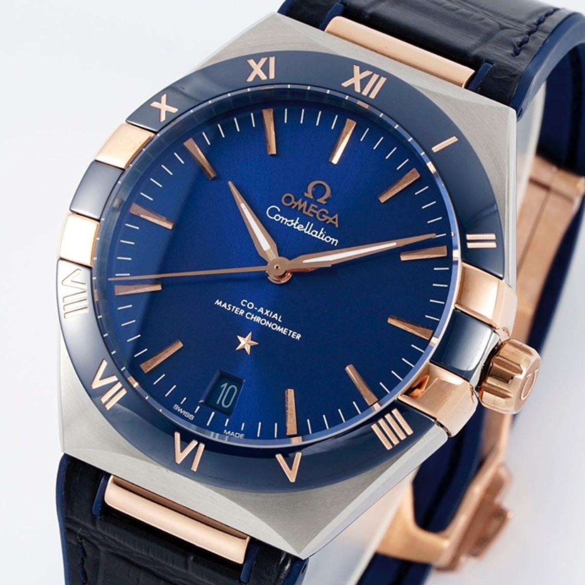 Omega Constellation Blue Dial Rose Gold Watch